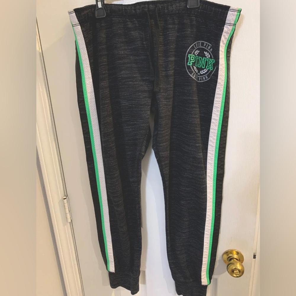 PINK Victorias Secret Skinny Jogger Sweat Pants Grey Faux Leather Size Large
